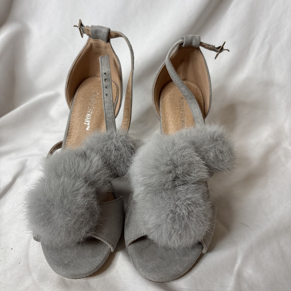 Ashley Stewart Grey Lisa Size 8‎ Pom Pom High Heels Chunky Furry Shoes